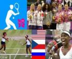 Podyum Tenis Bayanlar, Serena Williams, Venus Williams (ABD), Andrea Hlavackova, Lucie Hradecka (Çek Cumhuriyeti) ve Maria Kirilenko, Nadia Petrova (Russia), Londra 2012